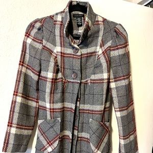 Doki Geki Grey and Burgundy Multi Color Plaid Tweed Coat